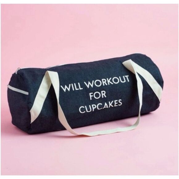 WILL WORKOUT FOR CUPCAKES Duffle Gym Bag DENIM Tote Bag Weekender Private Party - Picture 1 of 6